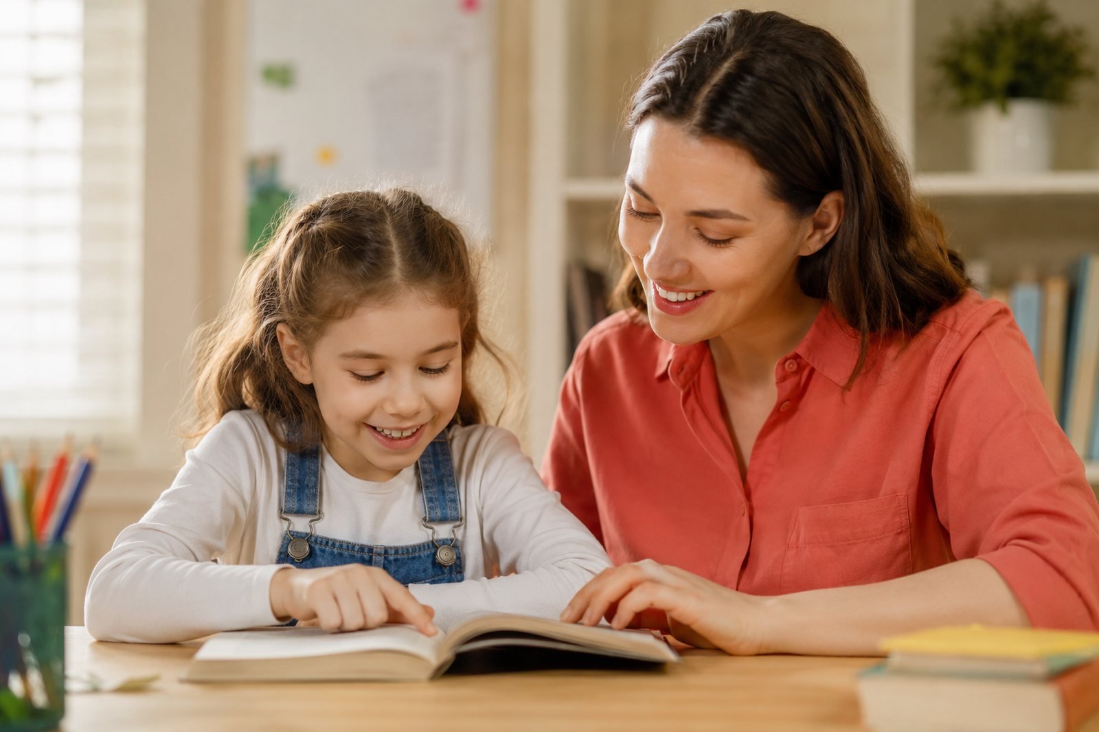 Öğrenme güçlüğü desteği alan mutlu bir çocuk ve eğitmeni kitap okurken